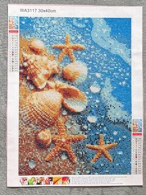 Finished Seashell & Starfish Diamond Painting Wall Art - Blue & Beige